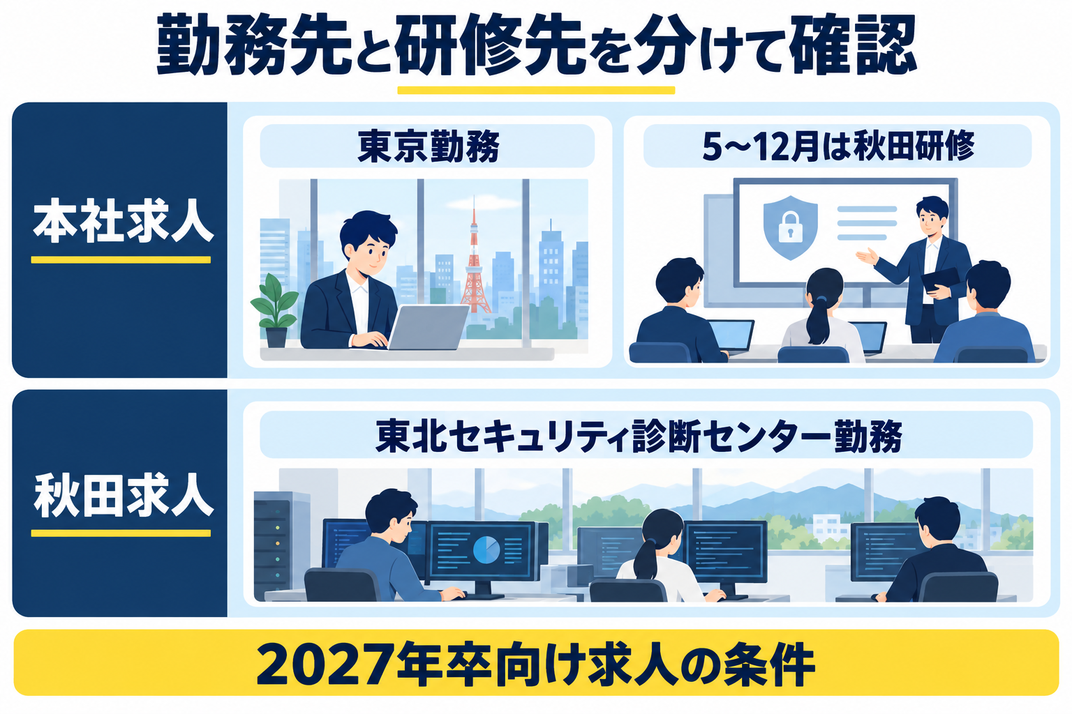 本社勤務求人の東京勤務と秋田研修、秋田勤務求人の勤務先を分けた比較