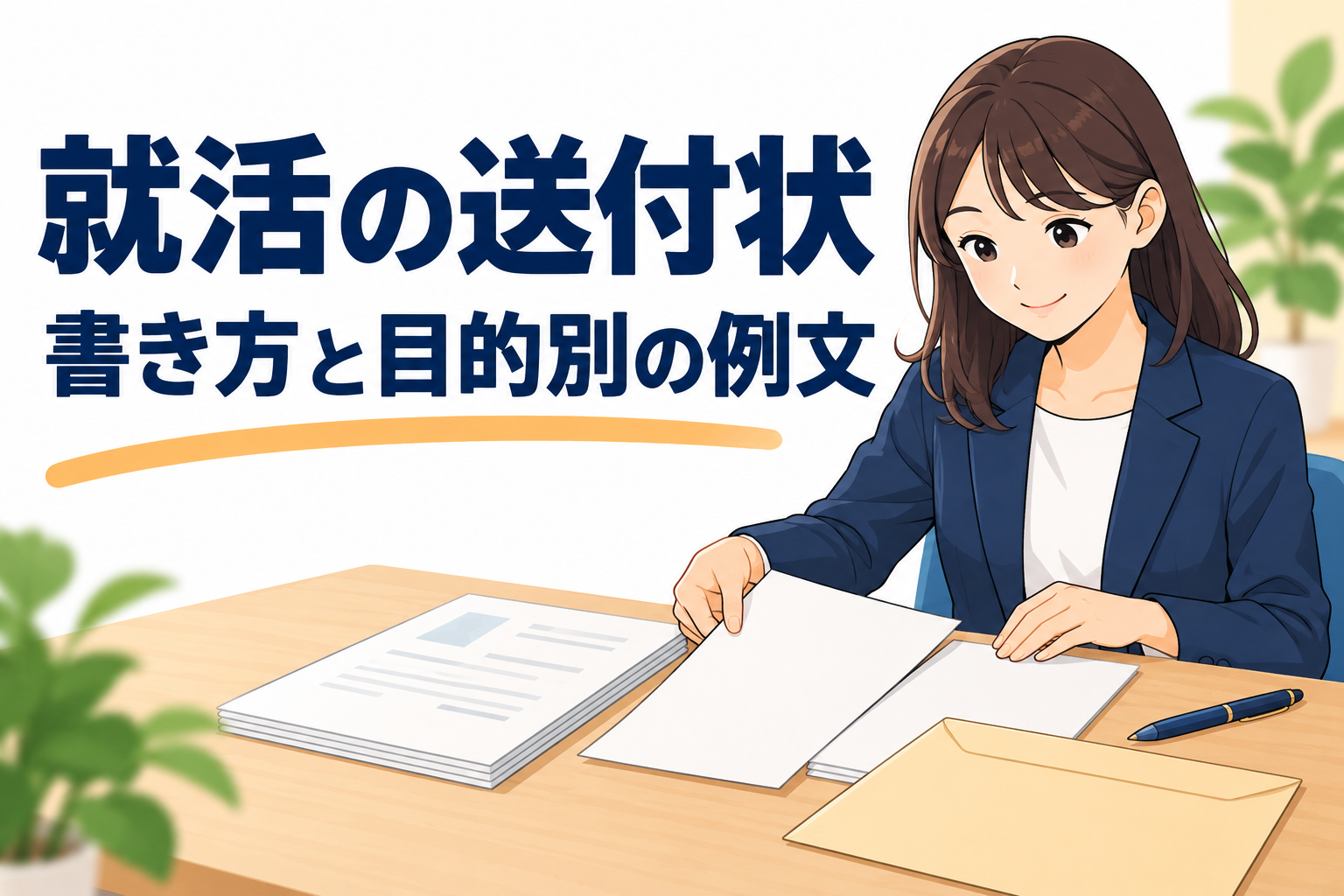 応募書類と送付状を確認する就活生のイラスト