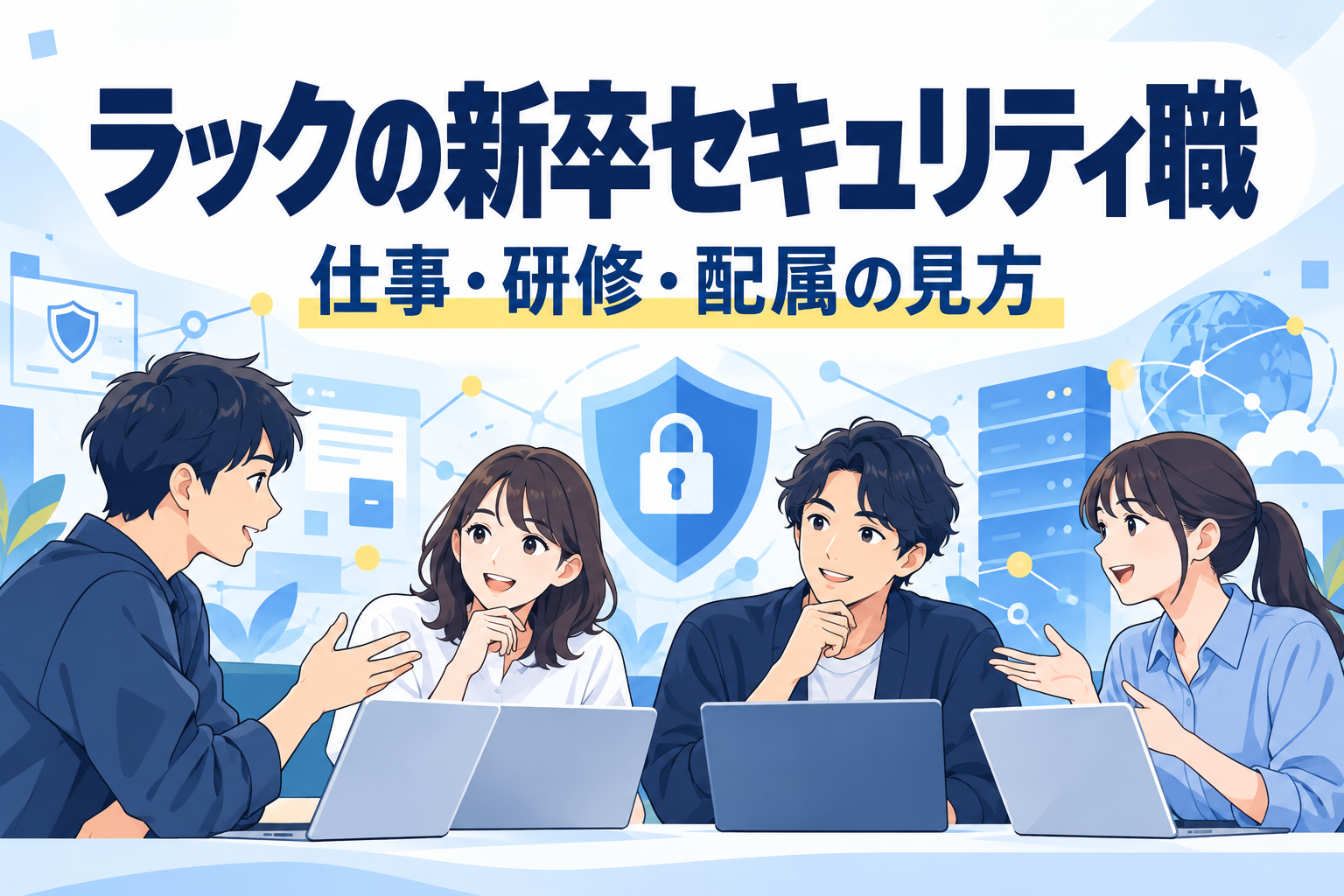 顧客のシステムを守る仕事について話し合う若手チームのイメージ