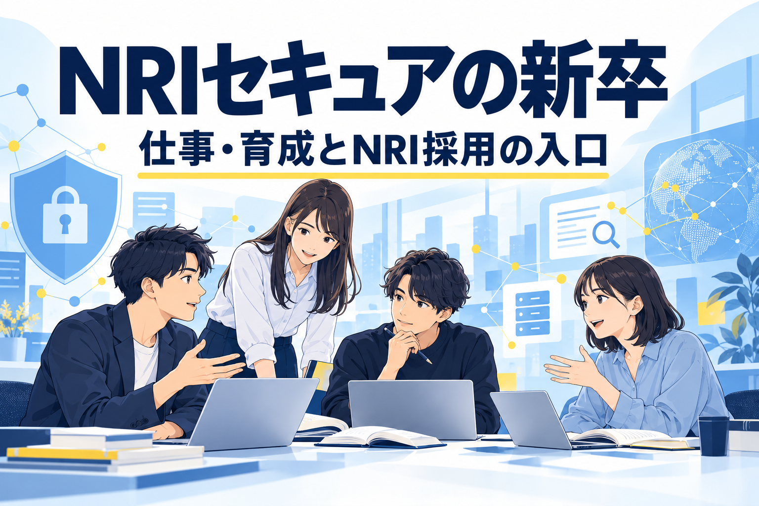 仕事と学びについて話し合う架空の若手セキュリティ技術者チーム