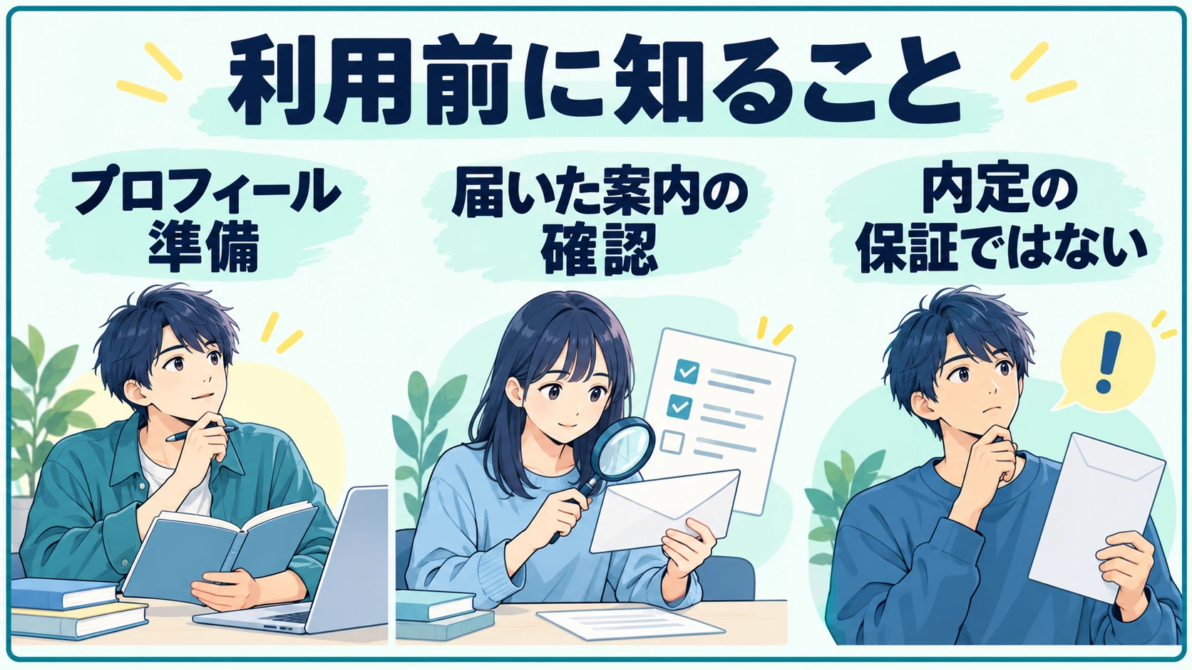 OfferBox利用前に知ること：プロフィールの準備、届いた案内の確認、内定の保証ではない