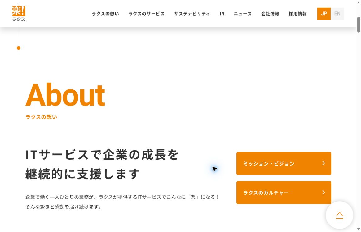 ラクスの公式サイト、会社ロゴとITサービスによる企業成長支援の説明