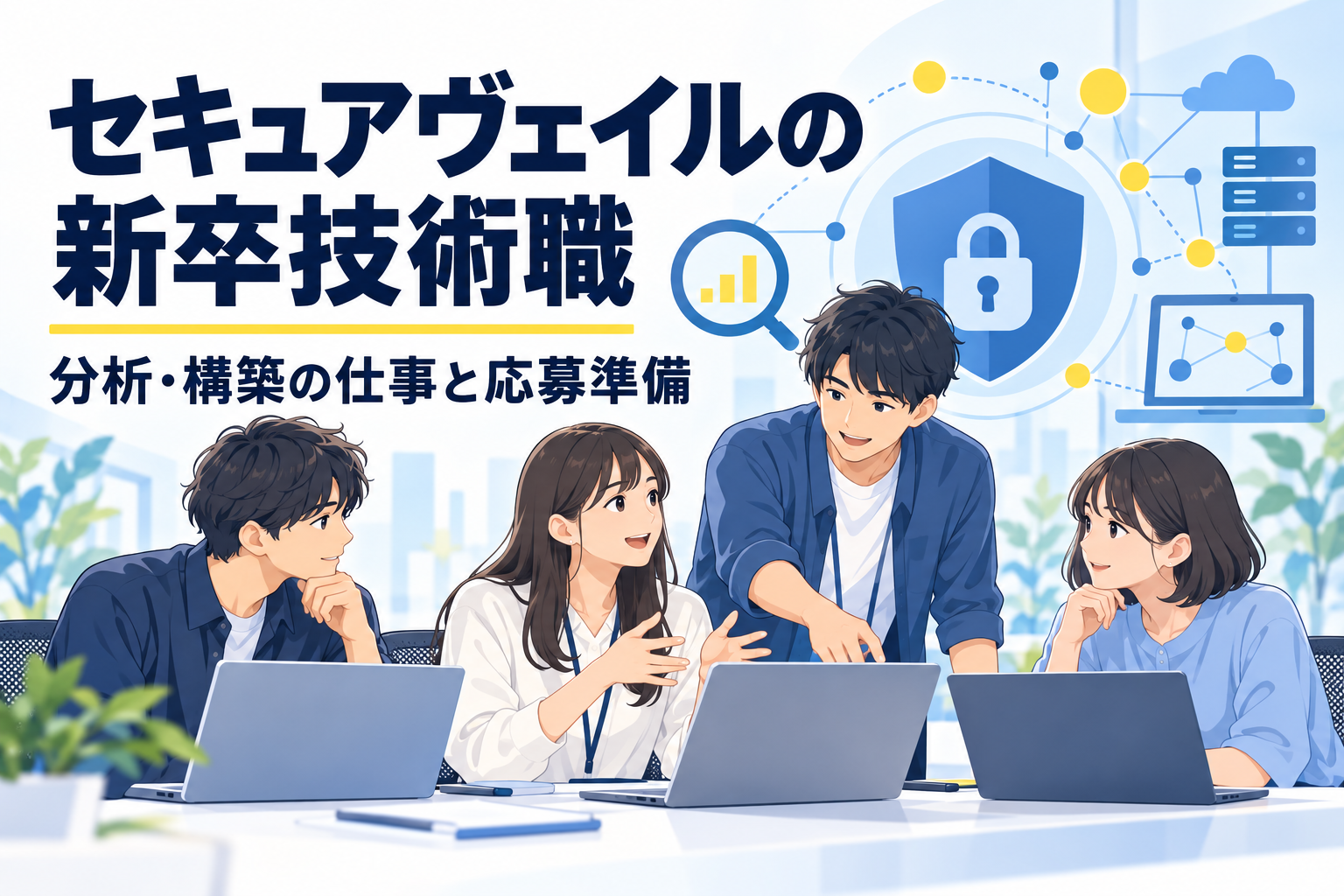 分析・構築の仕事について話し合う架空の若手技術者チーム