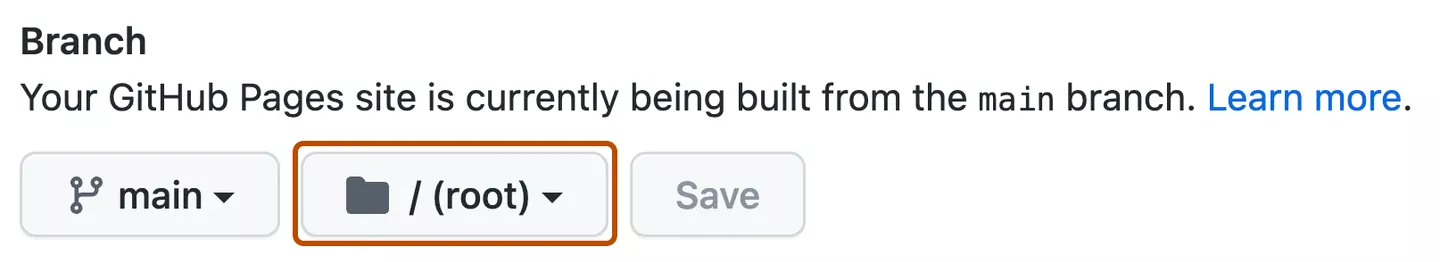 GitHub公式のPages設定画面。mainブランチとフォルダ選択欄/(root)を表示