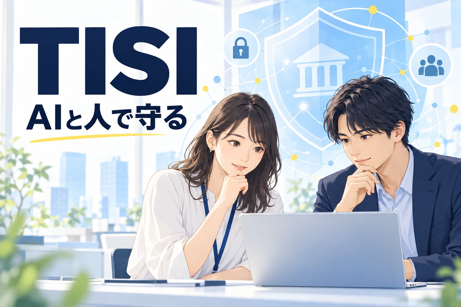 TISIの企業研究。AIと人で守る仕事を考える学生のイラスト